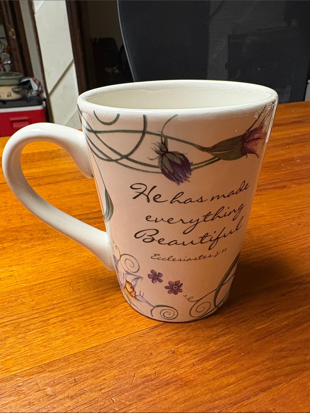 Ceramic Floral Scripture Mug in White with Purple Accents